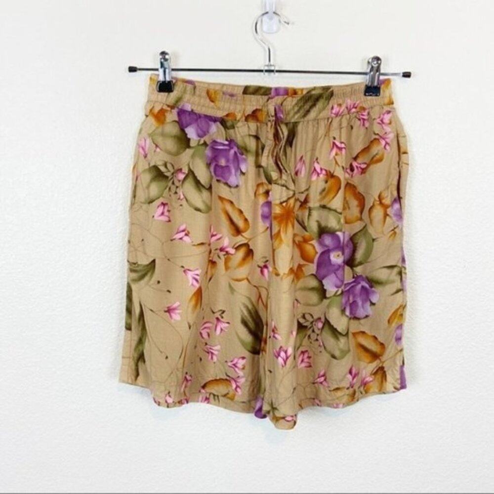 Tropical Shorts 90s Women Size S High Waisted Vintage Flowy Petite Tan Purple